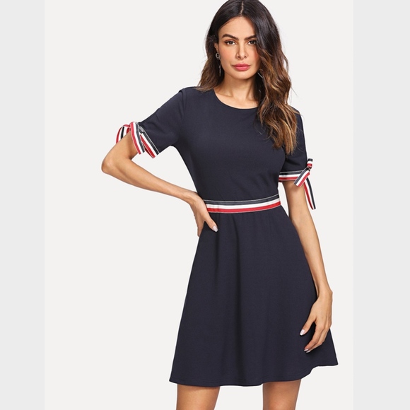 Rouge! Dresses & Skirts - Knot Cuff Striped Fit & Flare Navy Dress